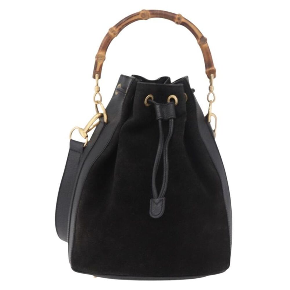 Gucci Vintage Bamboo Bucket Suede And Leather Black Suede Handbag